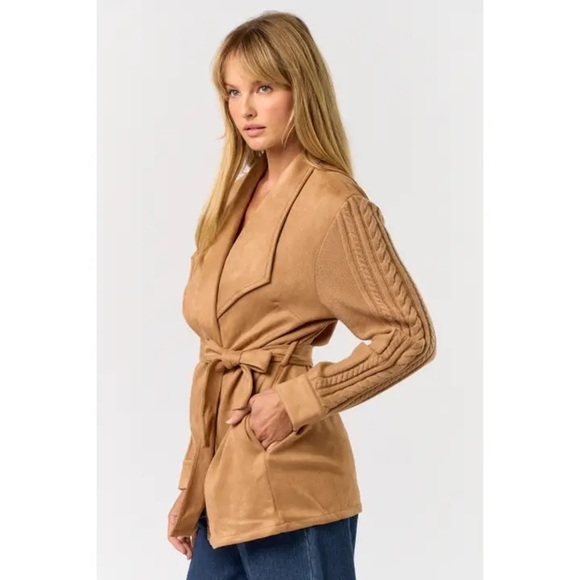 Lalavon Jackets & Blazers - Elegant Tan Cardigan with Belt